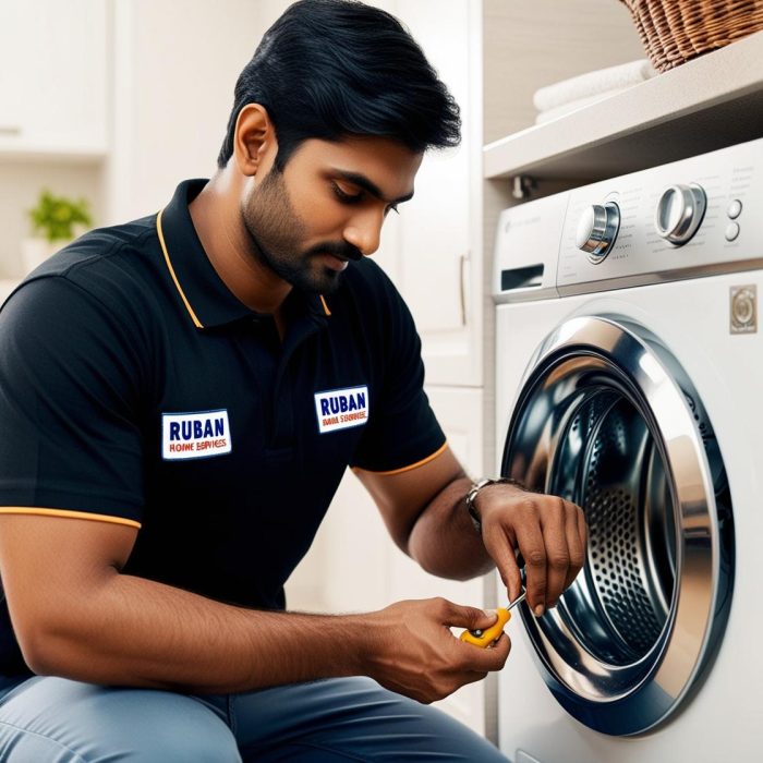 indian washing machine technician wearing collar tshirt of black colour, repairing washing machine, Ruban Home Services tag written on his t-shirt